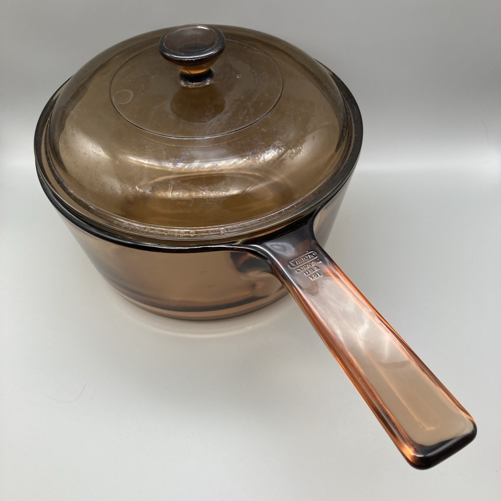 Vintage Corning Vision Ware 1.5 L Amber Glass Pot Sauce Pan With Lid Made In USA